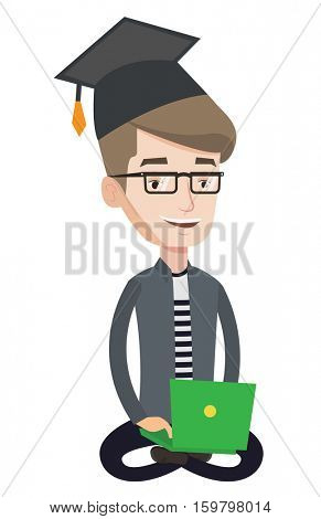 Graduate sitting with laptop on knees. Happy student in graduation cap working on computer. Educational technology and graduation concept. Vector flat design illustration isolated on white background.