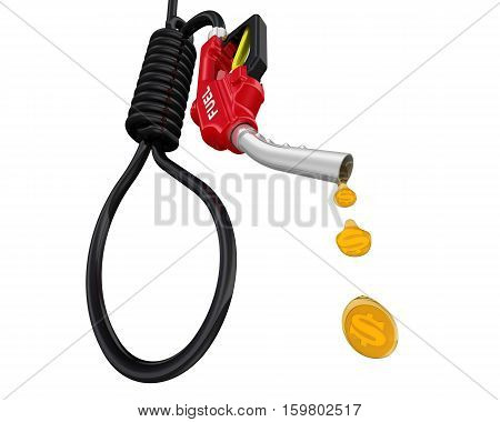 Expensive fuel. Red refueling gun with black hose in the shape of noose and drops of fuel with US dollar symbol. The concept of expensive fuel. Isolated. 3D Illustration