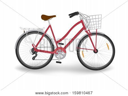 isolated red women's bicycle with basket, vector