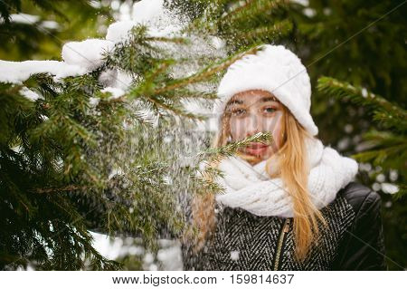 Young Woman In A Forest With Fir And Pine Trees On The Streets, Tree Branches Touching Hands, Brushi