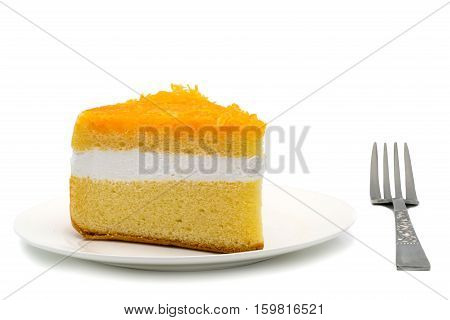 Chiffon cake garnished with foi thong on white background