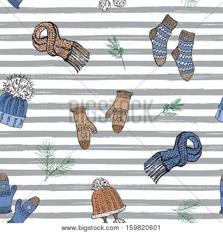 Winter Season Doodle Clothes Seamless Pattern. Hand Drawn Sketch Elements Warm Socks, Gloves And Hat