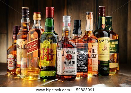 POZNAN POLAND - NOV 23 2016: Whiskey is the most popular liquor in the world. Originated probably in Ireland now it is produced also in India Scotland USA Canada and Japan.