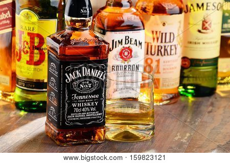 POZNAN POLAND - NOV 23 2016: Whiskey is the most popular liquor in the world. Originated probably in Ireland now it is produced also in India Scotland USA Canada and Japan.