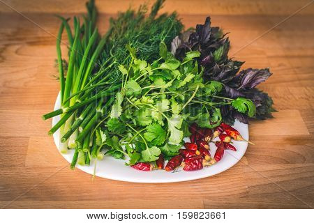 Close up of green organic herbs, basil, coriander, fennel, green onion, red chili peppers on white plate, rustic wooden background. Fresh herbs for Caucasian, Turkish, Mediterranean, Oriental cuisine.