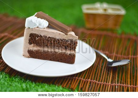 chocolate cake with whip cream and chocolate wafer topping on grass in gardenselective focus.