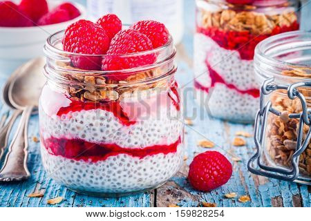Chia Pudding With Raspberry Sauce, Granola And Fresh Raspberries