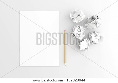 Blank Paper Sheet and Pencil with crumpled paper balls. 3d illustration