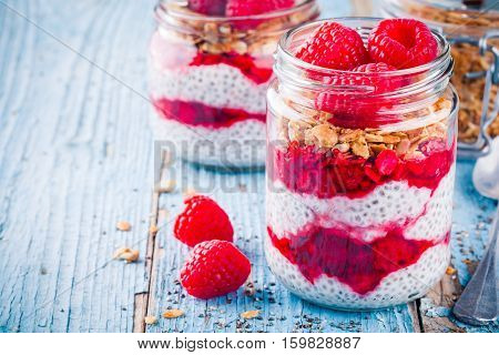 Chia Pudding With Raspberry Sauce, Granola And Fresh Raspberries