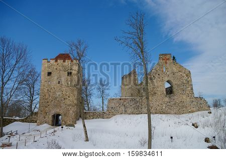 Winter View Of Sigulda Medieval Castle Ruins In The Gauja Valley In Latvia