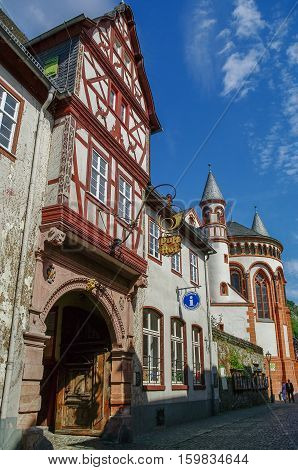 Bacharach, Germany - July 9, 2011: Medieval village Bacharach. Traditional frameworks (Fachwerk) houses in city streets. Rhine valley Germany.