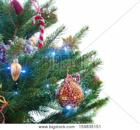 christmas evergreen fresh tree with holiday decorations and lights isolated on white backgroundbackground