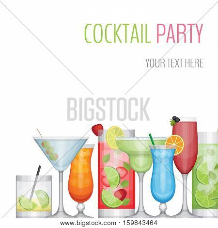 Cocktail party card. Cocktail bar flyer. Flat design style vector illustration.