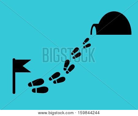 The way to the snow house. Footstep with flag and yurt. Flat style.