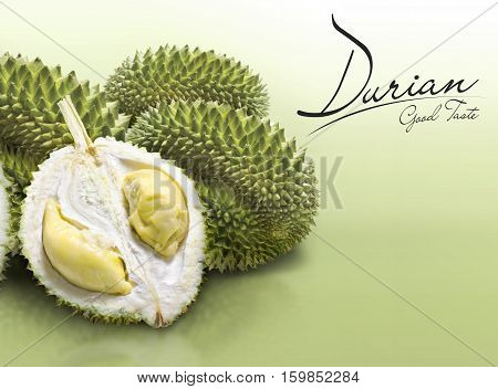Durian on green solid background with text