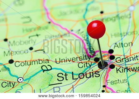 St Louis pinned on a map of Missouri, USA