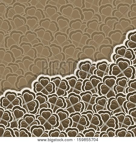 Vector chocolate Clover Pattern for St. Patrick's and Valentine's Day, Brown Shamrock poster with border for greeting text, ornament clover foliage, dark shamrock pattern, floral background trefoil.