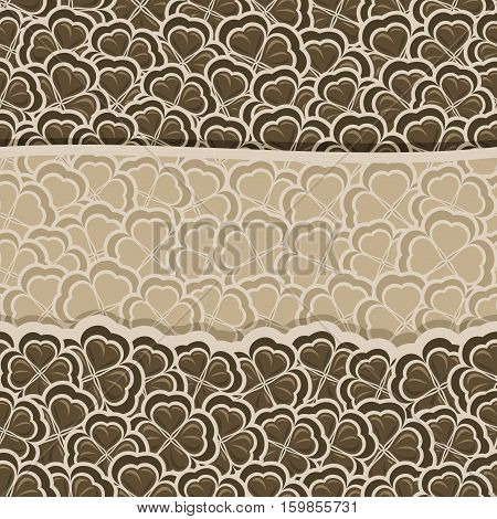 Vector chocolate Clover Pattern for St. Patrick's and Valentine's Day, brown Shamrock banner with border for greeting text, ornament clover foliage, dark shamrock pattern, floral background trefoil.
