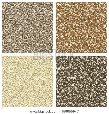 Vector Seamless Pattern Chocolate Clover for St Patrick's Day, dark brown Shamrock wrapping paper, ornament clover foliage, chocolate seamless pattern, hearts in shamrock petals background