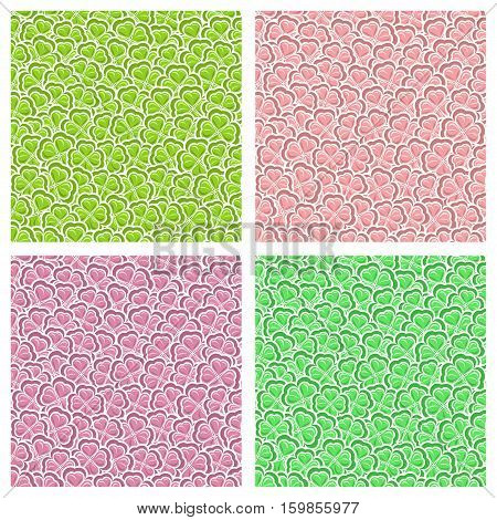 Vector Seamless Pattern Clover for St Patrick's and Valentine's Day, green Shamrock wrapping paper, ornament clover leaf foliage, red seamless pattern, hearts in shamrock petals background