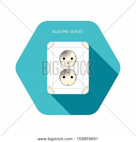 Vector isolated icon of electrical outlet on the turquoise hexagon background with shadow.