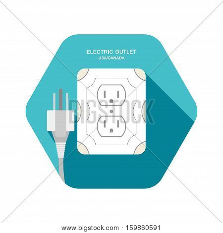 Electric outlet type B vector isolated icon with gray plug on the turquoise hexagon background with shadow.