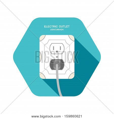 Vector isolated icon of electric outlet type B with dark gray plug on the turquoise hexagon background with shadow.