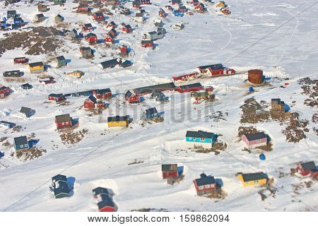 Colorful houses in Greenland in spring time