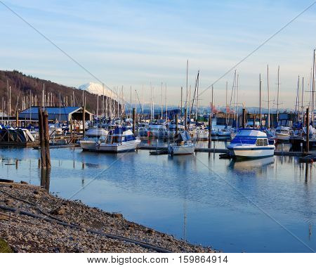 Marina With Boats And Mt.ranier In Tacoma, Wa.