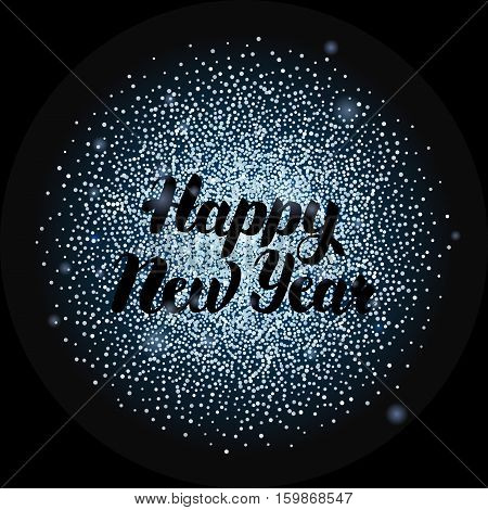 Happy New Year Lettering over Silver. Vector Illustration of Calligraphy with Sparkle Decoration.