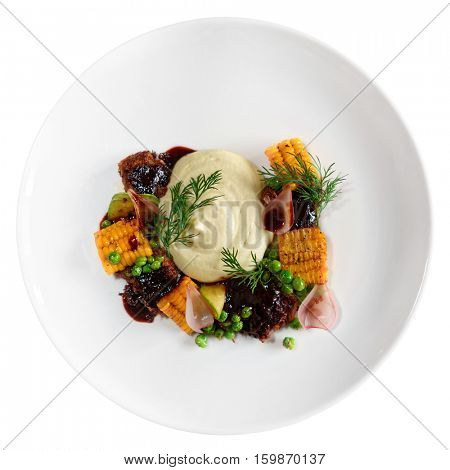 Pulled pork with grilled vegetables isolated on white background