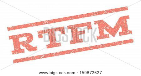 Rtfm watermark stamp. Text caption between parallel lines with grunge design style. Rubber seal stamp with scratched texture. Vector salmon color ink imprint on a white background.