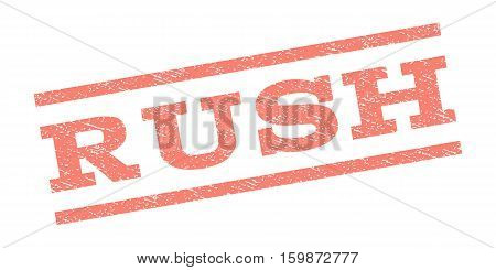 Rush watermark stamp. Text tag between parallel lines with grunge design style. Rubber seal stamp with scratched texture. Vector salmon color ink imprint on a white background.