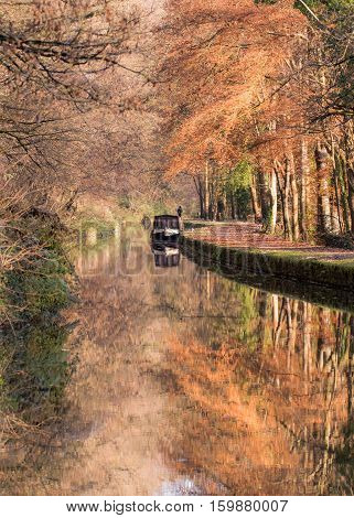 Narrow boat on Kennet and Avon Canal in autumn with tow path. Autumnal scene with orange leaves of beech trees reflected in still water of canal in English countryside
