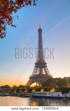 Cityscape with the Eiffel tower in Paris France at sunrise