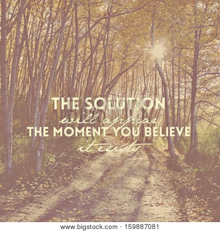 Inspirational quote on forest landscape.  Sunshine through tall skinny tree branches along forest path in autumn season. Green foliage, fallen leaves and shadows on trail. Blurred instagram effects.