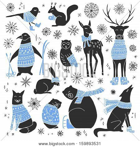 Vector hand drawn cute forest animals collection. Stylish and elegant cartoon animals. Cute and childish hipster christmas animals.