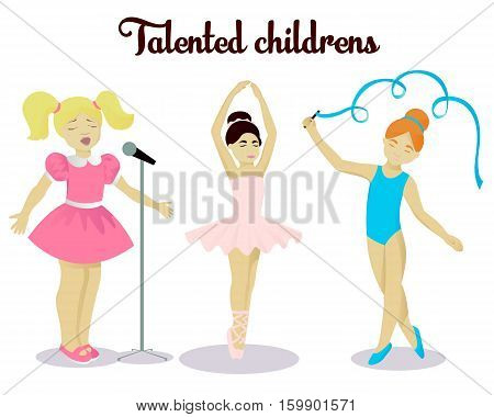 Little talented girls set vector illustration isolated on white