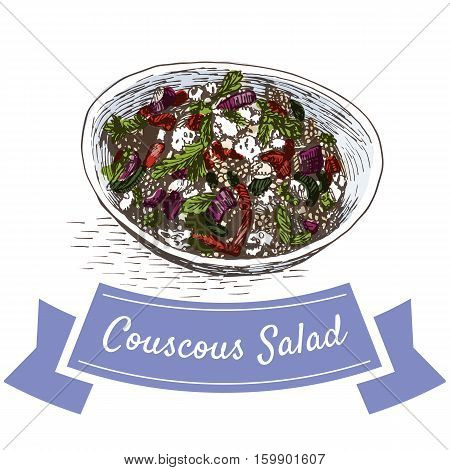 Couscous salad colorful illustration. Vector illustration of israeli cuisine.