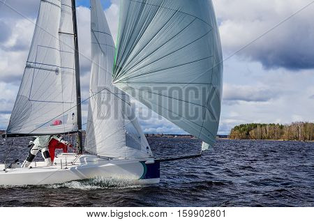 Sailing yacht race. Team athletes participating in the sailing competition