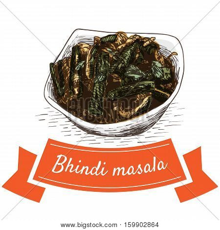 Bhindi masala colorful illustration. Vector illustration of Indian cuisine.