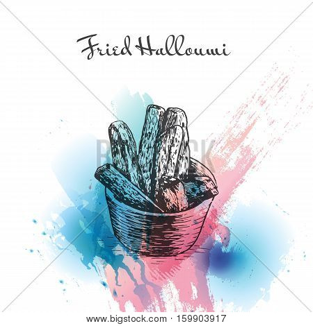 Fried Halloumi watercolor effect illustration. Vector illustration of Israeli cuisine.