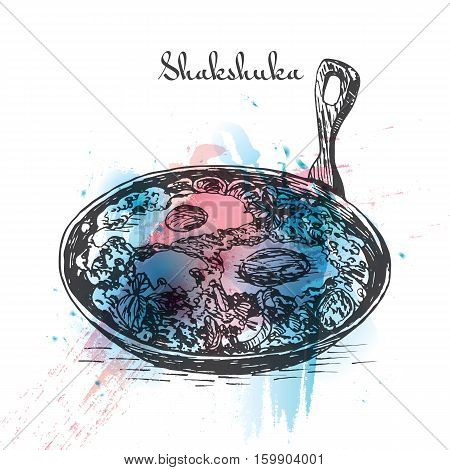 Shaksuka watercolor effect illustration. Vector illustration of Israeli cuisine.