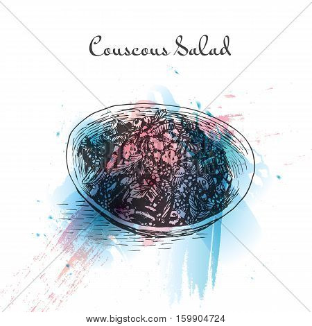 Couscous salad watercolor effect illustration. Vector illustration of Israeli cuisine.