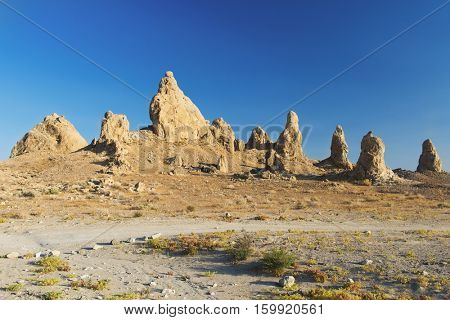 Trona Pinnacles are nerarly 500 tufa spires hiddeen in California Desert National Conservation Area, not far from the Death Valley National Park, California, USA. 