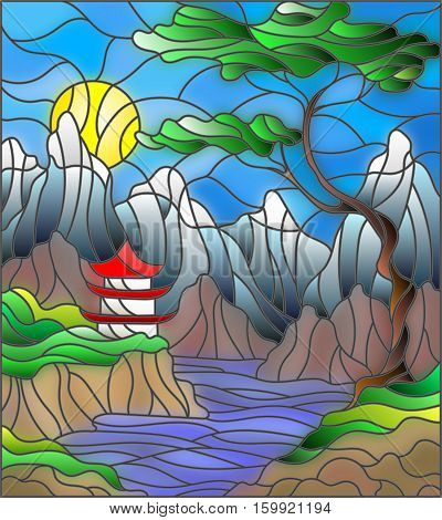 Illustration in stained glass style landscape Japanese house on sky background mountains and rivers