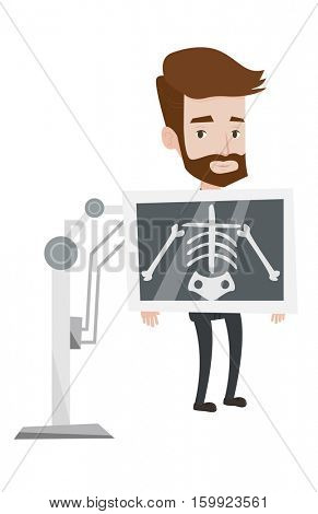 Young hipster patient during chest x ray procedure. Young man with x ray screen showing his skeleton. Patient visiting roentgenologist. Vector flat design illustration isolated on white background.
