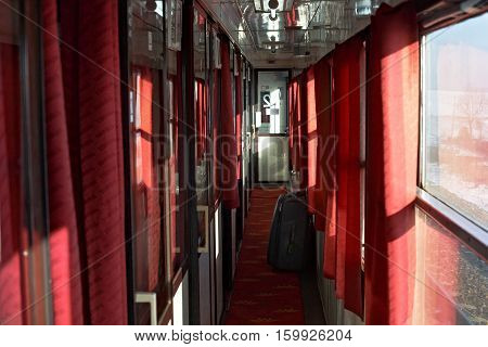 Passage in the sleeping car of polish long distance train.