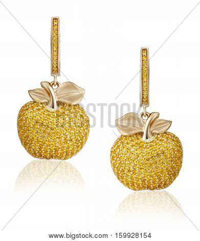fashion gold earrings with yellow gems. Women's jewelry. Best Christmas gift for a woman.