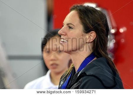 Hong Kong China - Oct 29 2016. Competitive swimmer SEEBOHM Emily (AUS) at the Victory Ceremony of the Women's Backstroke 50m. FINA Swimming World Cup Victoria Park Swimming Pool.